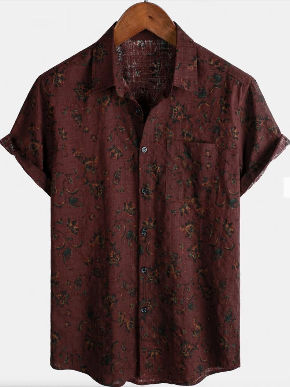 50% OFF Men's Burgundy Boho Retro Floral Print Summer Shirt by Atlanl